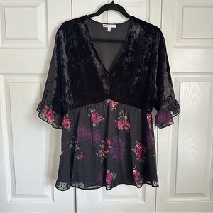 DR2 Tunic Top Womens L Black Velvet Floral Sheer Ruffle Boho Peplum Whimsigoth